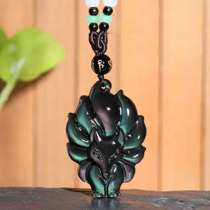 Hand Carved Nine Tailed Fox Jade Pendant Colored Natural Obsidian Jewelry