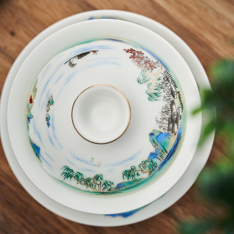 Chinese 180ml Jingdezhen Landscape Ceramic Gaiwan Cup Hand-painted Tea Tureen
