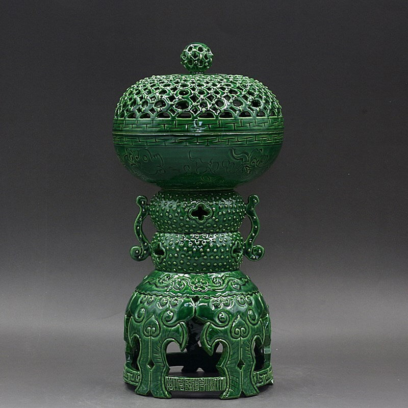 Chinese Antique Porcelain Emerald Green Glaze Hollow Rotating Incense Burner