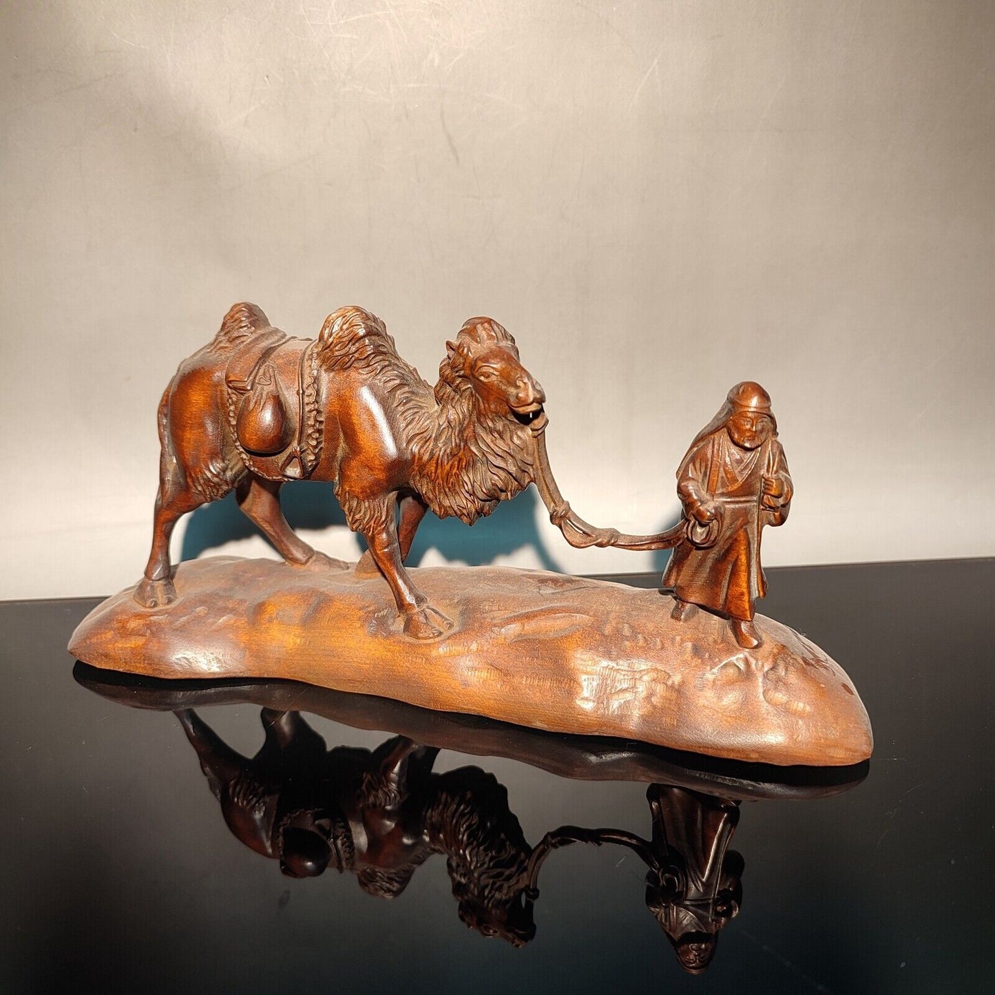 vintage chinese carved wood camel statue wooden businessman the Silk Road Route