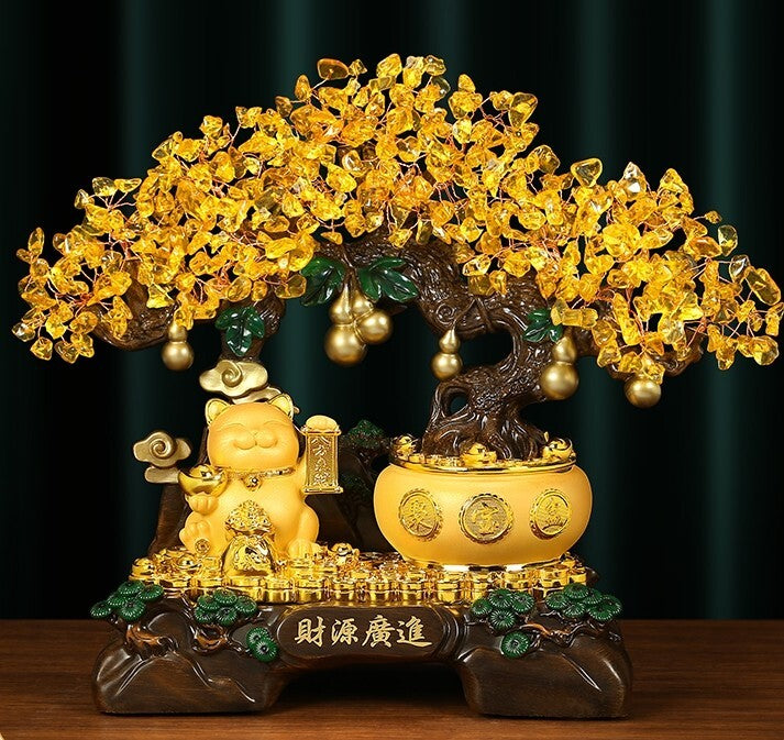 Yellow Crystal Stone Money Tree Bonsai Fortune Cat Statue Wealth Feng Shui Decor