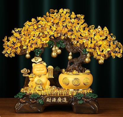 Yellow Crystal Stone Money Tree Bonsai Fortune Cat Statue Wealth Feng Shui Decor
