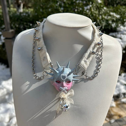 Original Dreamy Bow Spiked Doll Head Lace Choker Bell Chain Necklace