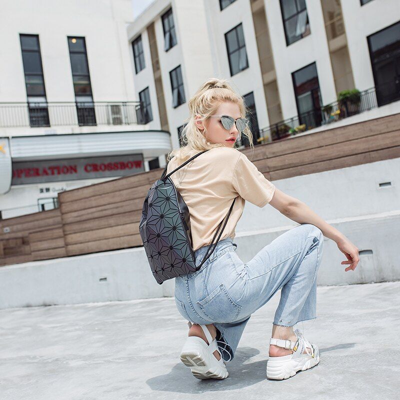 Drawstring Backpack Holographic Luminous Geometric Backpack School Bag 30*3*37CM