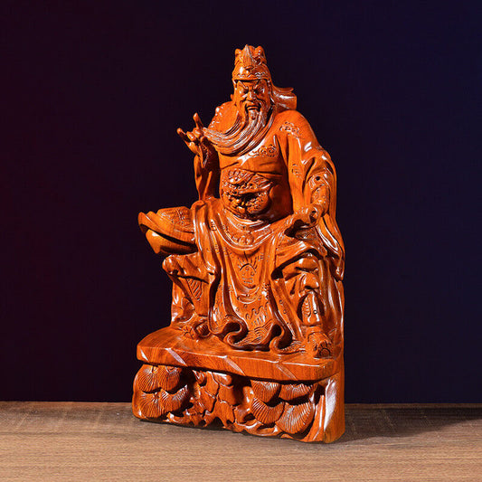 Chinese Guan Yu Gong Warrior God Wealth Wooden Carving Wood Statue fengshui 關公读书