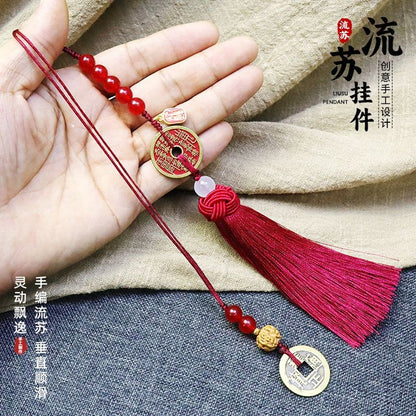 Car Rearview Mirror Hanging Pendant Tassel Five Emperor Coins
