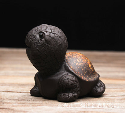 Chinese Yixing Zisha Black Mud Pottery Lovable Small Tortoise Tea Pet Statues