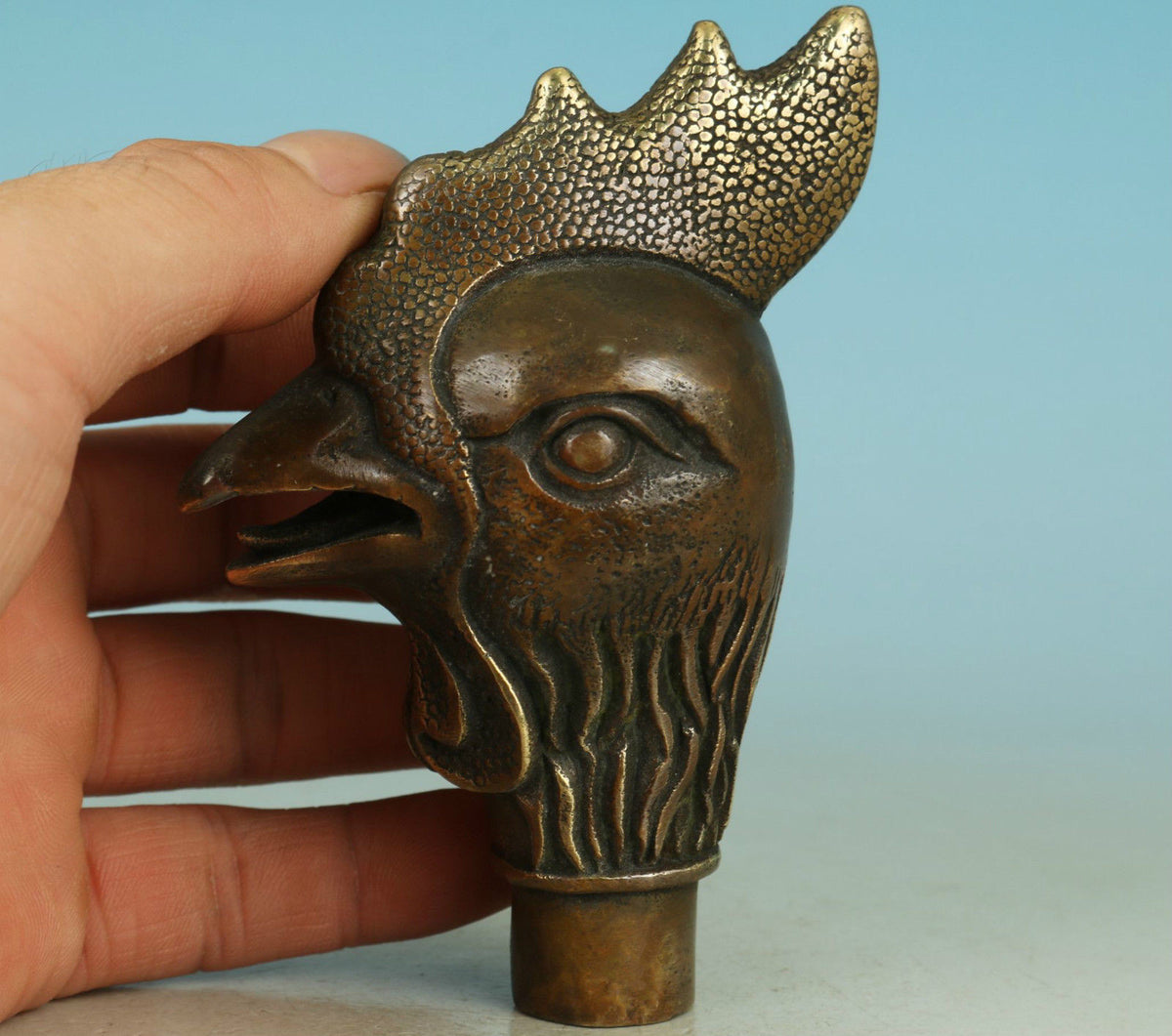 Asian Chinese Old Bronze Handmade Carved Cock Collect Statue Walking Stick Head