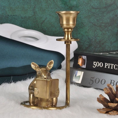 Brass Mouse Reading Book Candlestick Art Decor Style Candle Holder