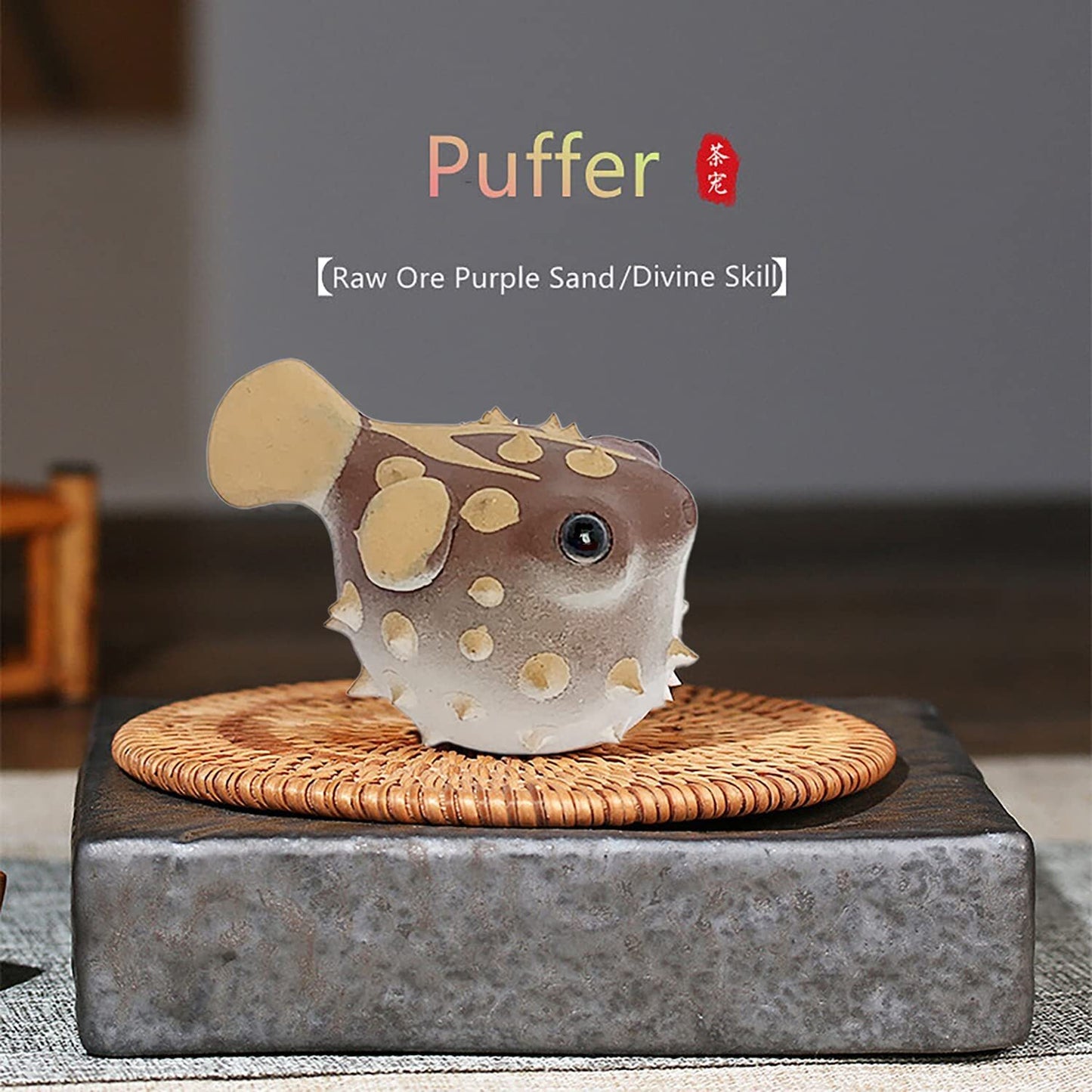 2.7" Purple Clay Tea Pet Puffer Fish Car Ornament Pure Handmade Statue for Tea