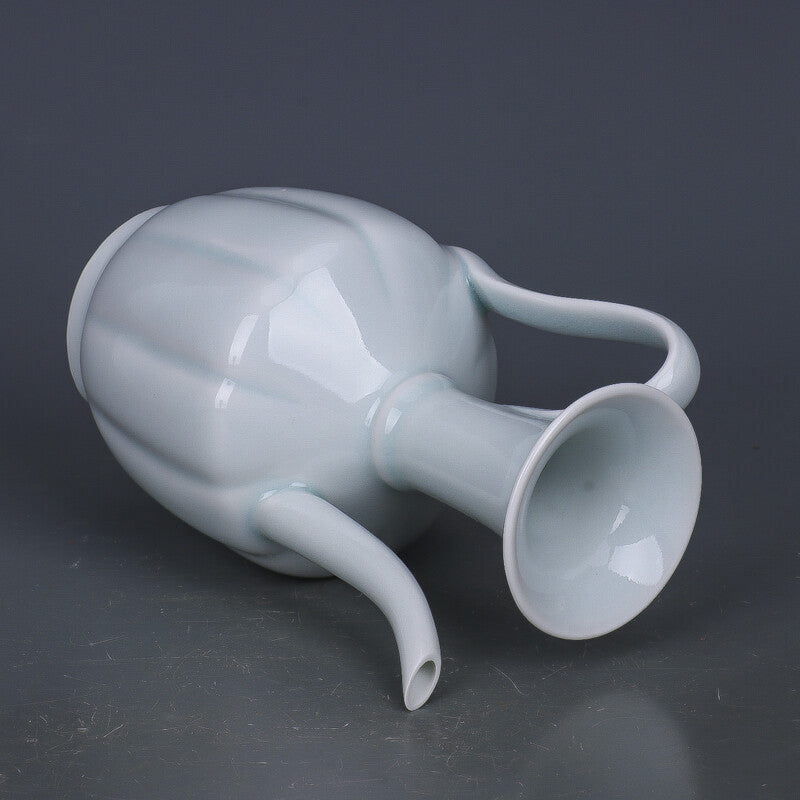 7.1" China Song Porcelain Lake Field Kiln Shadow Green Glaze Lotus Flower Teapot