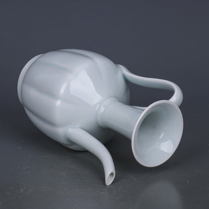 7.1" China Song Porcelain Lake Field Kiln Shadow Green Glaze Lotus Flower Teapot