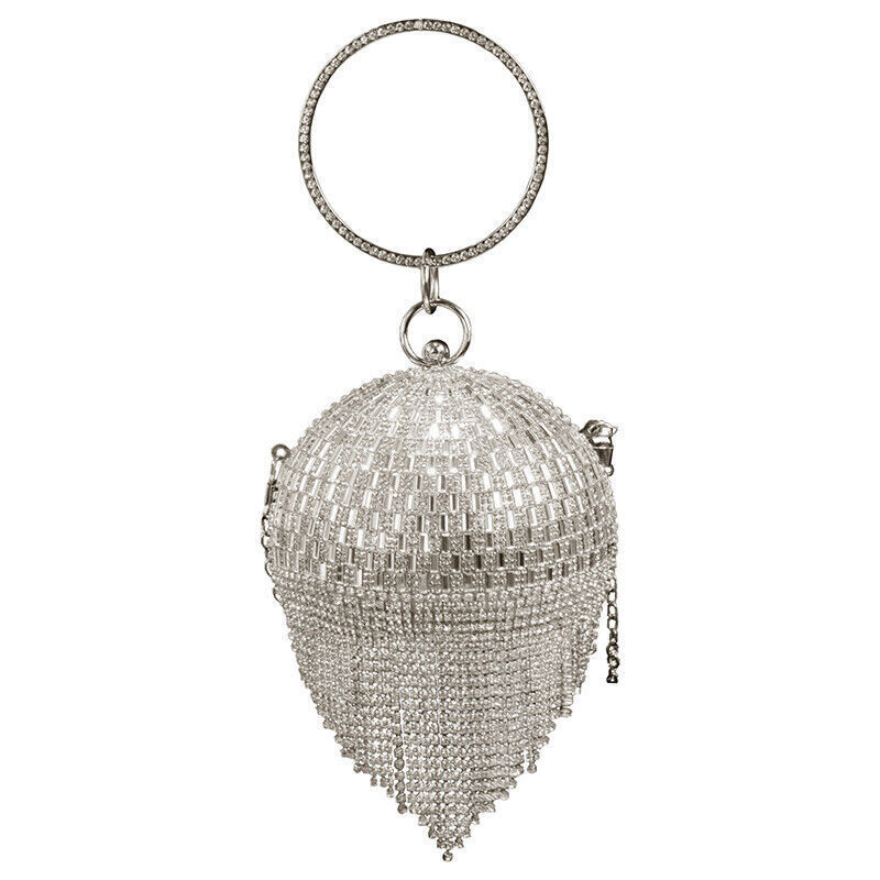 Women Fashion Round Crystal Ball Tassel Ladies Party Festive Wedding Clutch Bag