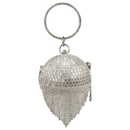 Women Fashion Round Crystal Ball Tassel Ladies Party Festive Wedding Clutch Bag