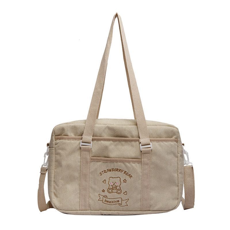 Shoulder Bag Corduroy Shopper Cartoon Embroidered Bear Letter Handbag 35*10*25CM
