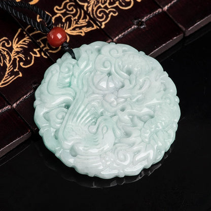 Certificate Natural Grade A Jade Jadeite Dragon Phoenix Couple Pendant Necklace