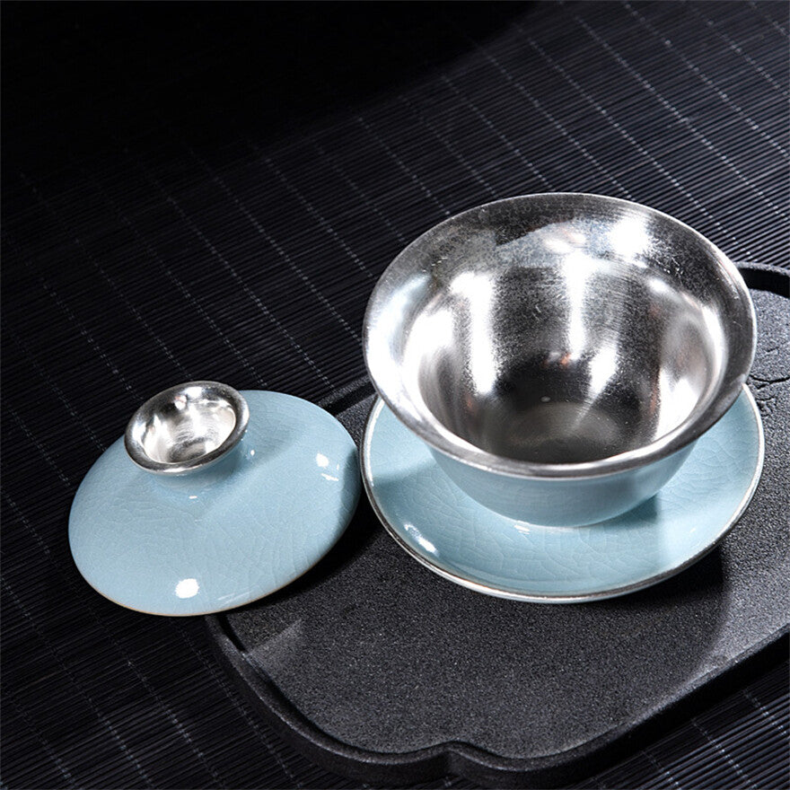 Five Kiln Tea Bowl Gaiwan Teacup Gilt Silver Porcelain Kung Fu Silver Tea Bowl