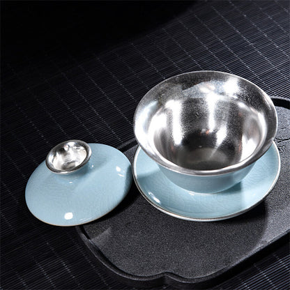 Five Kiln Tea Bowl Gaiwan Teacup Gilt Silver Porcelain Kung Fu Silver Tea Bowl