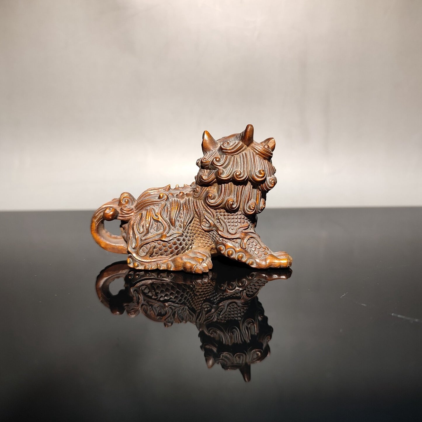 Rare Chinese Boxwood hand carved wooden kylin statue figure