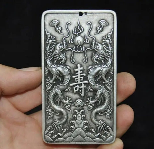 China Tibetan Silver Feng Shui Lucky Animal Dragon Statue Amulet Pendant