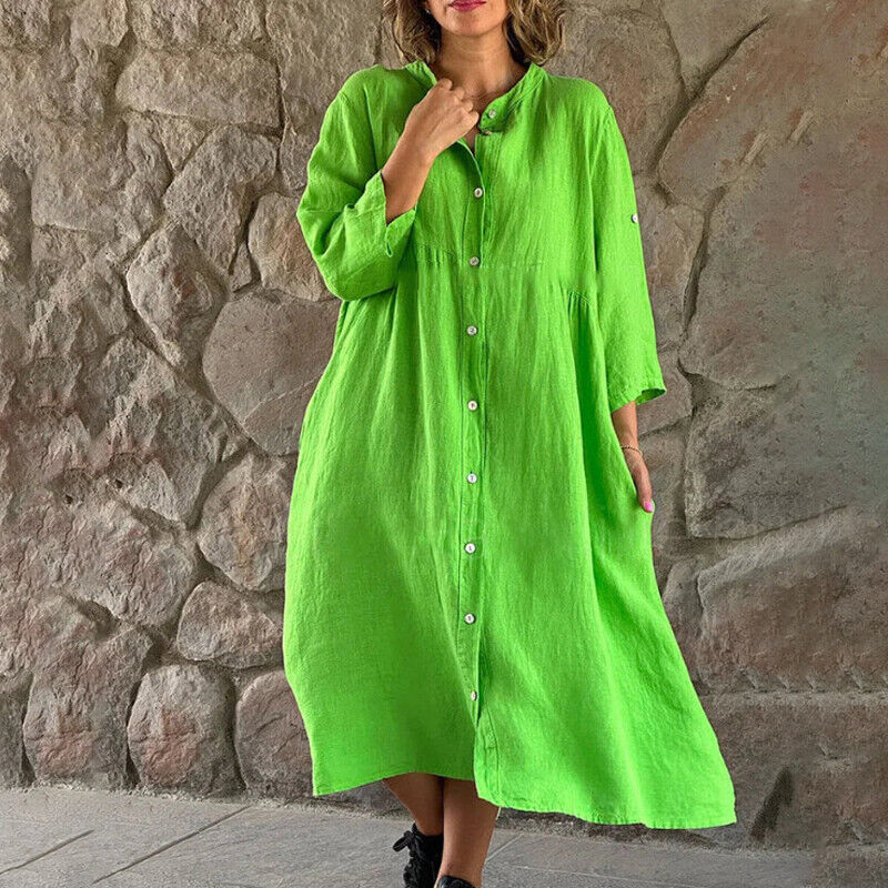 Womens Cotton Linen Shirt Dress Loose Button Up Casual Baggy Long Tops Tunic