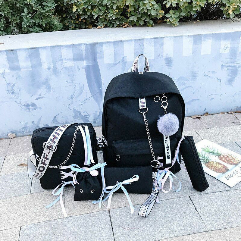 Students Backpack 5 pcs/set Ribbon Chain Girl Laptop School Bags Bookbag Oxford
