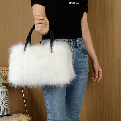 Winter Patchwork Leather Women's Ladies Long Plush Tote Bag