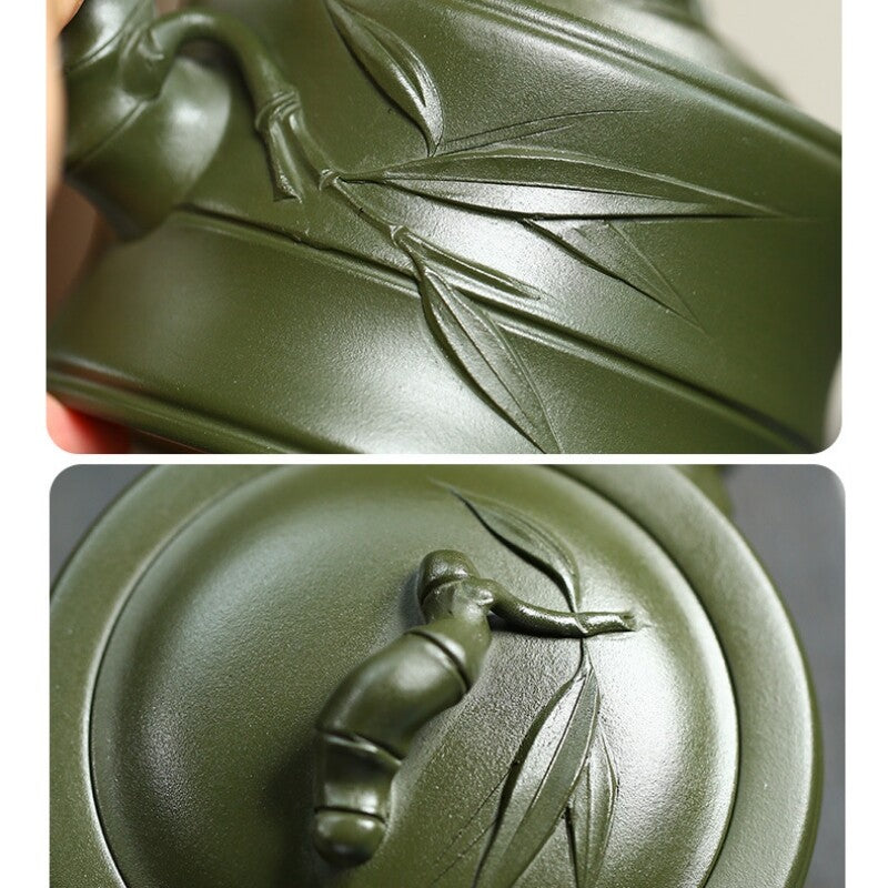 Tea Pot Marked Bamboo Carved Real Yixing Zisha Green Clay Handmade Pot 240ml New