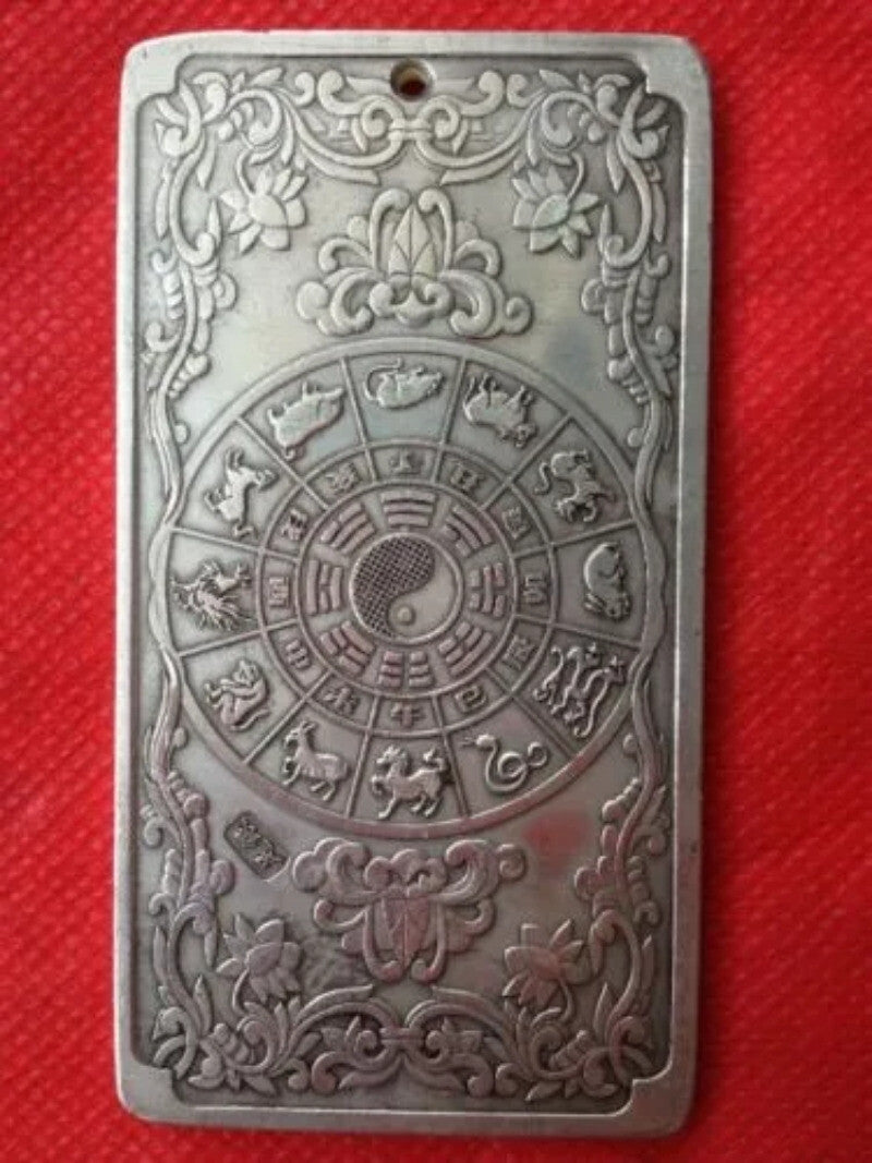 Ancient Chinese "Twelve Zodiac Tigers" Silver Amulet Auspicious Plate