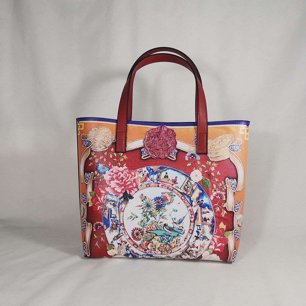 Floral Traveling Shoulder Bag Textured Leather Shopper Large Bag Women Handbags