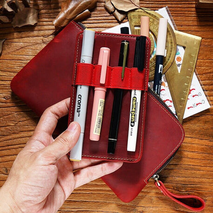 Handmade Cowhide Leather Fountain Pen Case, Pencil Case Stationery Storage Bag