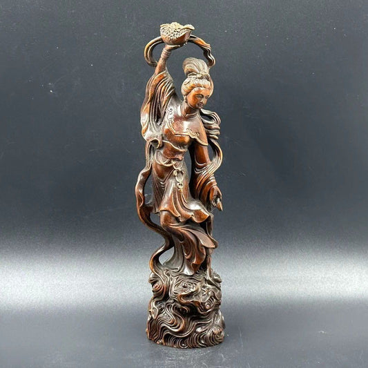 Vintage China Boxwood Carved Pretty Woman Statue Wood Sculpture Decor Collection
