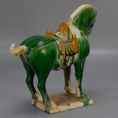 Chinese Tang Tri-Color Glazed Ceramics Green Porcelain Statue War Horse Model