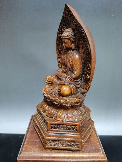Chinese Natural Boxwood Handmade Exquisite Lotus Buddha Statue