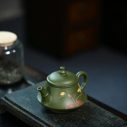 5.4" Yixing Zisha Pottery Green Clay Handmade Lotus Flower Bamboo Tea Pot Teapot