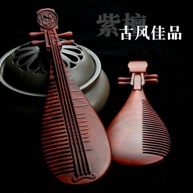 Red Sandalwood Lute Comb Carved Vintage Wooden Comb Ornament