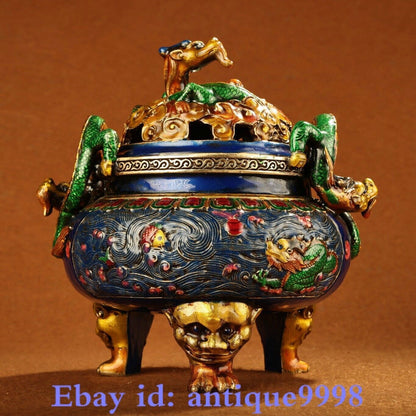 7.8" Old China Cloisonne Enamel Pure Bronze Dragon 3 Legs Incense Burner Censer