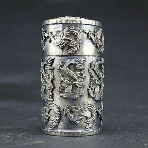 Home Furnishings China Handwork Old Silver Dragon Phoenix Toothpick Box