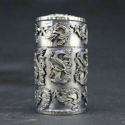 Home Furnishings China Handwork Old Silver Dragon Phoenix Toothpick Box