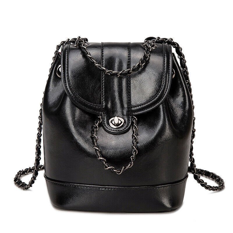 Genuine Leather Women's Drawstring Backpack, Travel Rucksack Chain Shoulder Bags