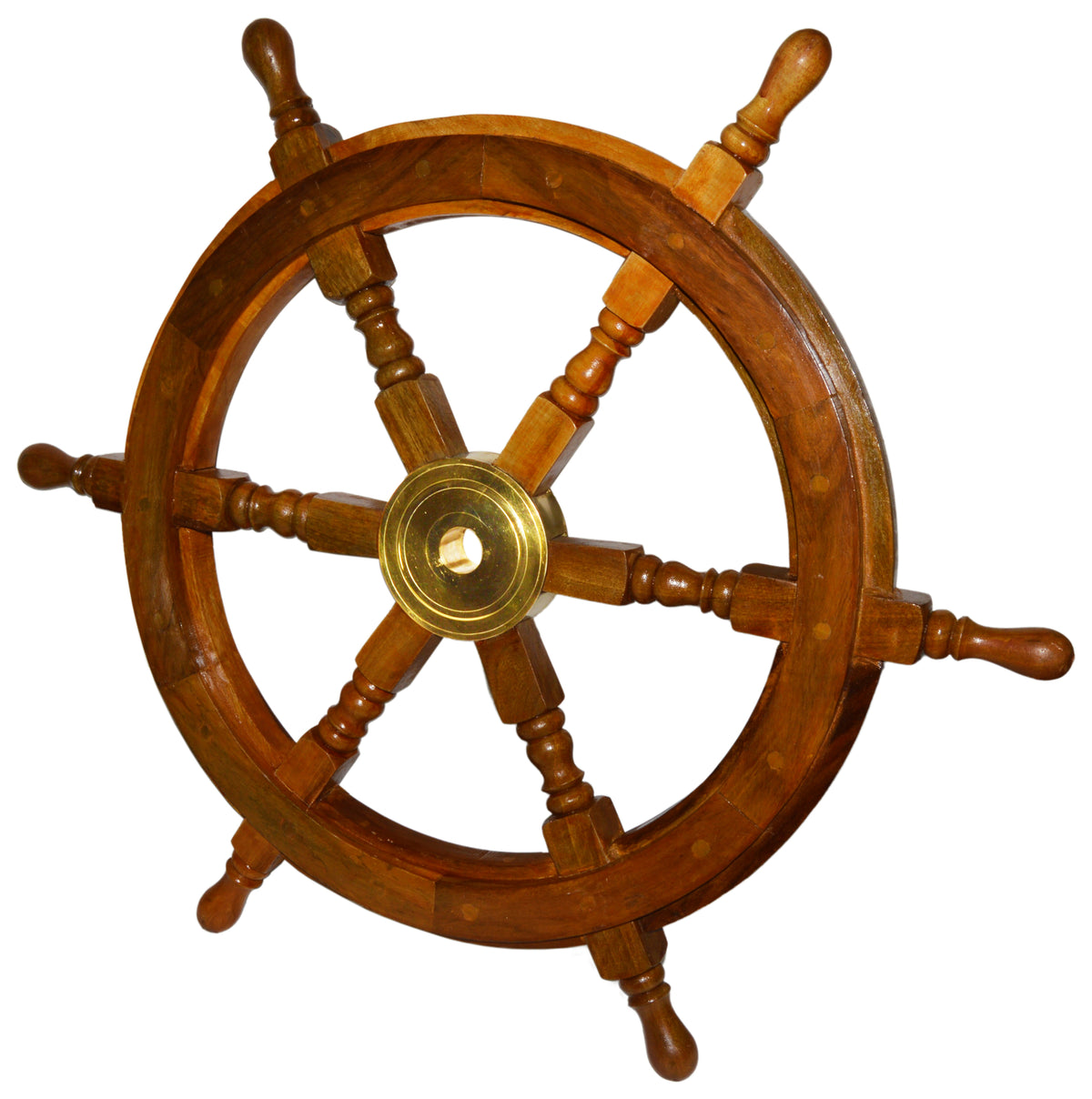 24" Wooden Ship Wheel Wall Decor w\ Brass Center Hub, 0.85" hole for hanging