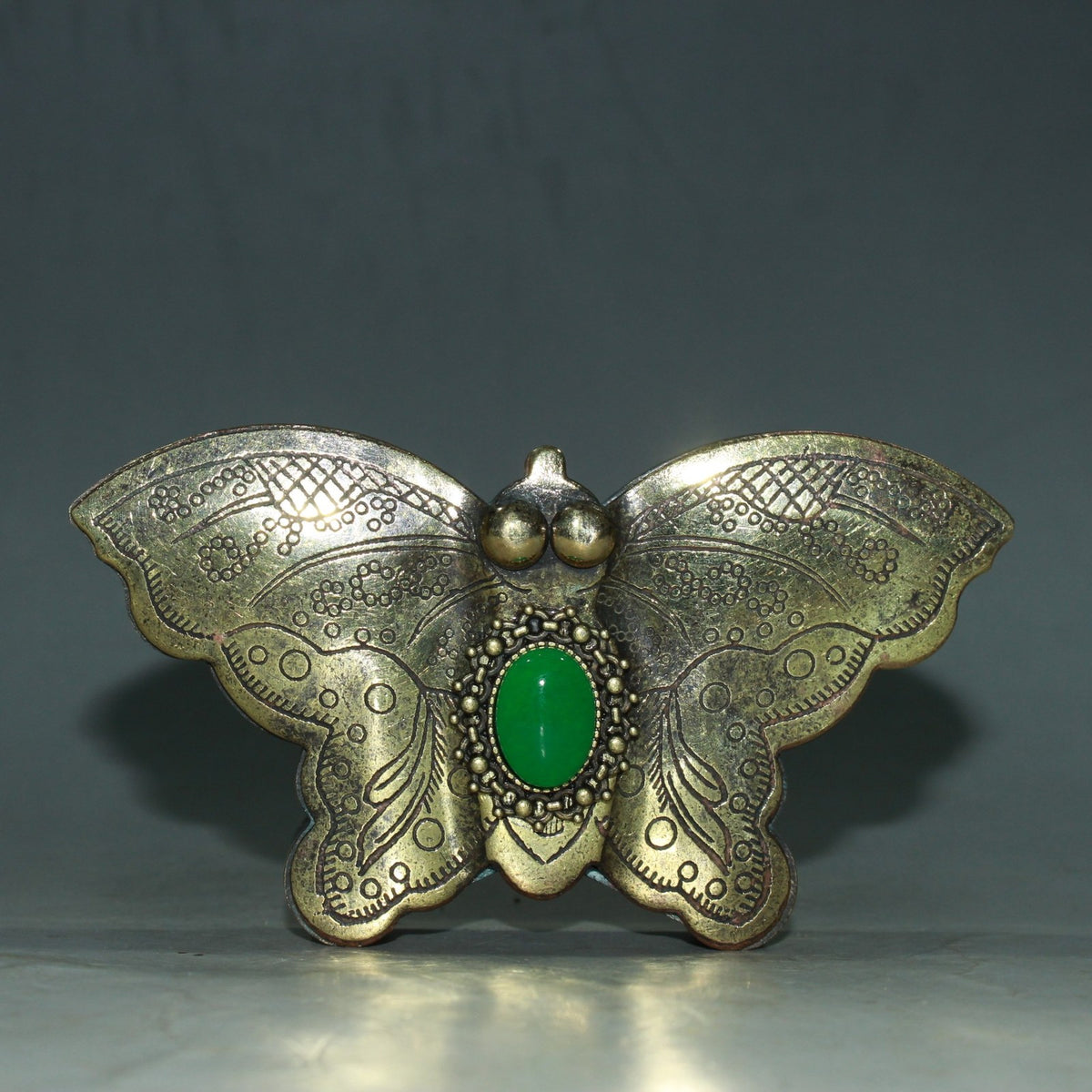 Vintage Copper Butterfly Ink Box 10cm Simulated Jade Inlay