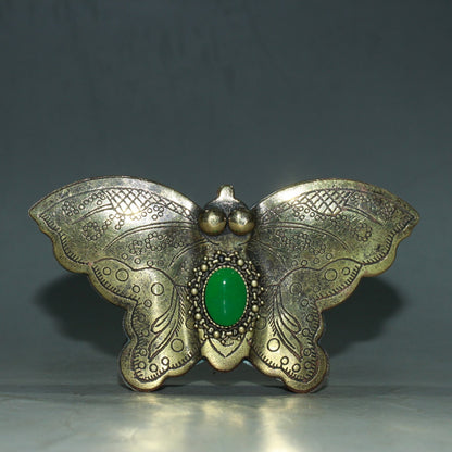 Vintage Copper Butterfly Ink Box 10cm Simulated Jade Inlay