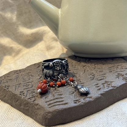 Handmade Lion Dance Ring Red Bead Gourd Chinese Style Niche Design Ethnic Ring