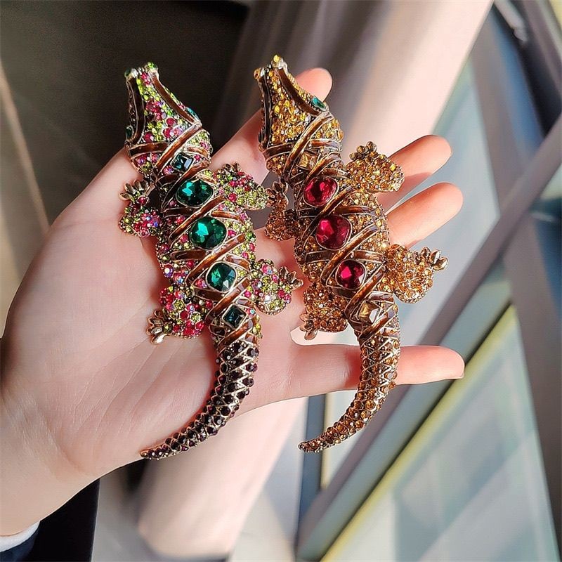 Vintage Crystal Lizard Brooch 13.8cm 2Pcs Lapel Pin for Coat Suit Unisex