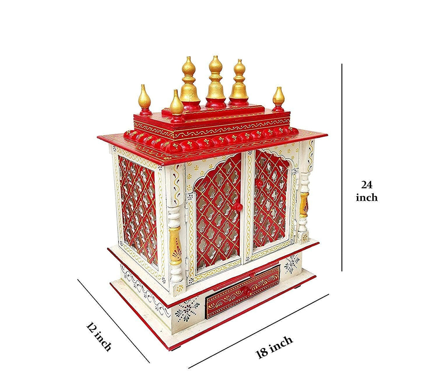 Handcrafted Wooden Home Temple White & Red Worship Mandap Mandir