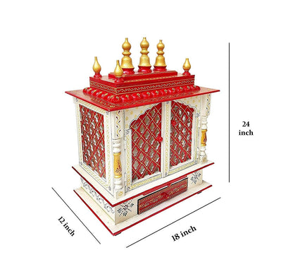 Handcrafted Wooden Home Temple White & Red Worship Mandap Mandir