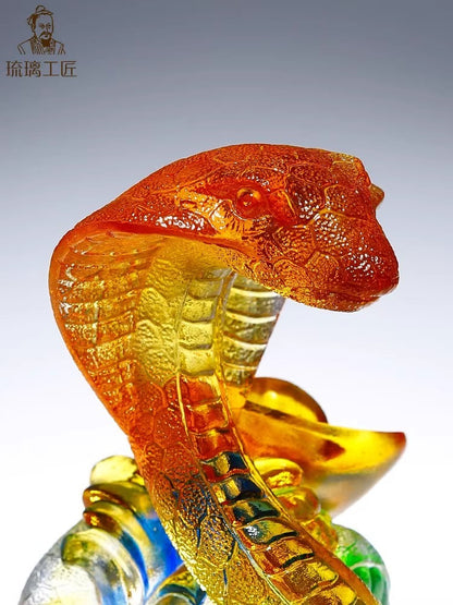 Real Chinese Liu Li Crystal Cobra Snake Statue Amulet Feng Shui Home Decor