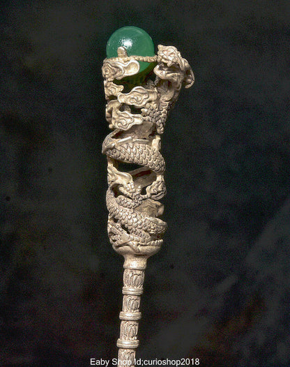6.6" Old China Silver Inlay Green Gem Dynasty Dragon Bead Hairpin Hair Stick
