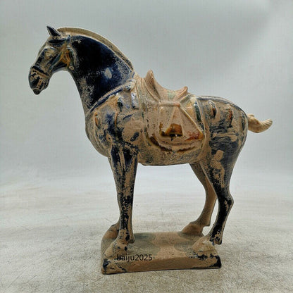 9.1" Chinese Tang Sancai Pottery Ancient War-horse Statue Fengshui Decor